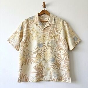 Tommy Bahama Washed Silk Hawaiian Shirt Mens XL Palm Leaf Floral Print XL Yellow